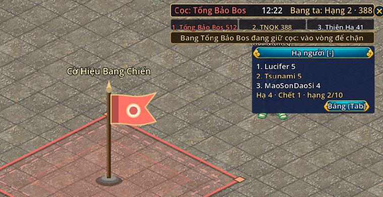 Cờ Hiệu Bang Chiến cắm giữa vòng hình thoi đỏ trên nền đá; phía trên là thanh trận ghi bang giữ cờ, đồng hồ, hạng bang mình, ba bang đầu và dòng nhắc vào vòng để chặn