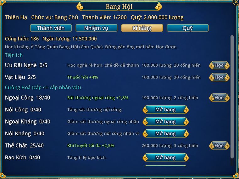 Bảng Bang Hội, tab Kĩ năng: nhóm Tiện ích (Ưu Đãi Nghề, Vật Liệu) và nhóm Cường Hoá (Ngoại Công, Nội Công, Ngoại Kháng, Nội Kháng, Thể Chất, Bạo Kích) với nút Học và Mở hạng