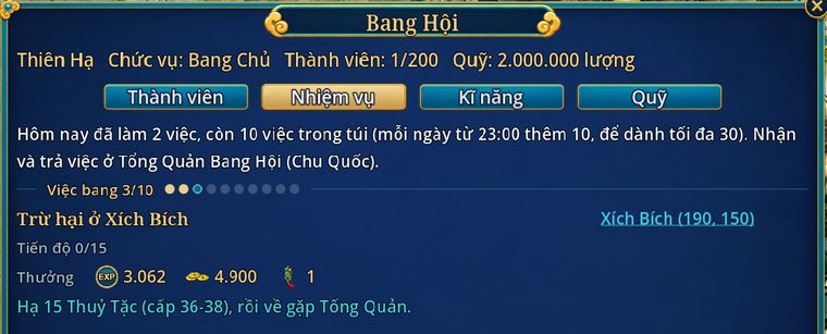 Bảng Bang Hội, tab Nhiệm vụ: việc bang 3 trên 10, trừ hại ở Xích Bích, hạ 15 Thuỷ Tặc, thưởng kinh nghiệm, ngân lượng, 1 cống hiến