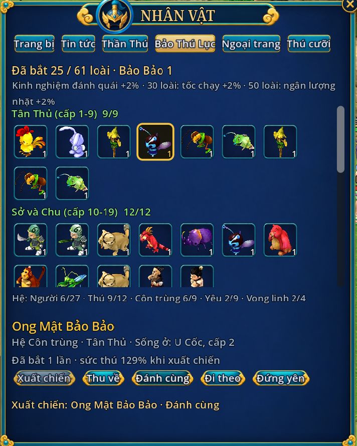 Tab Bảo Thú Lục: đã bắt 25 trên 61 loài, lưới thú theo vùng Tân Thủ, Sở và Chu, dòng tiến độ theo hệ, khung Ong Mật Bảo Bảo với nút Xuất chiến, Thu về, Đánh cùng, Đi theo, Đứng yên