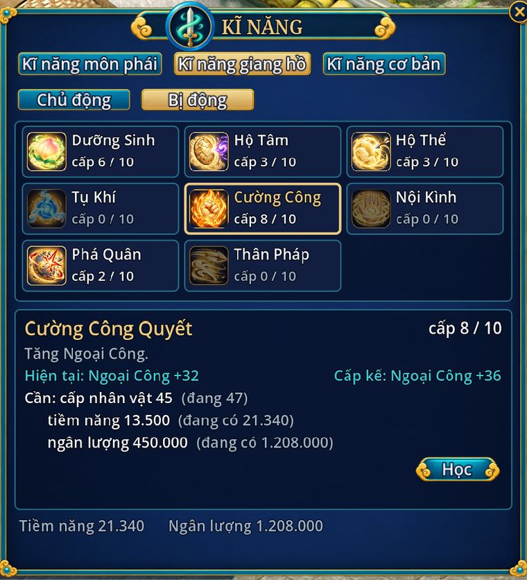 Bảng kĩ năng, tab Kĩ năng giang hồ, mục Bị động: 8 chiêu, Cường Công cấp 8 trên 10, chi tiết chiêu kèm tiềm năng, ngân lượng cần và nút Học