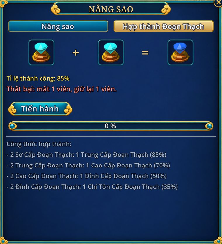 Thẻ Hợp thành Đoạn Thạch: 2 Sơ Cấp Đoạn Thạch thành 1 Trung Cấp, tỉ lệ 85 %