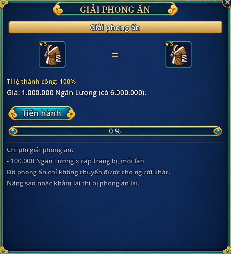 Cửa sổ Giải phong ấn: áo cấp 10 giá 1.000.000 ngân lượng, tỉ lệ 100 %