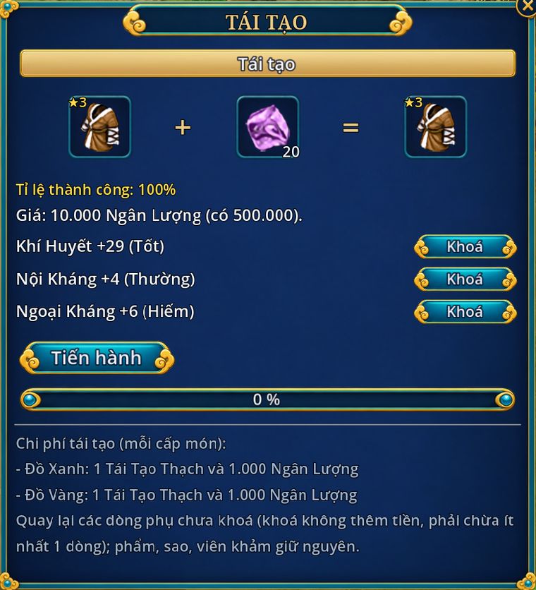 Cửa sổ Tái tạo: ba dòng phụ kèm bậc Tốt, Thường, Hiếm, mỗi dòng có nút Khoá