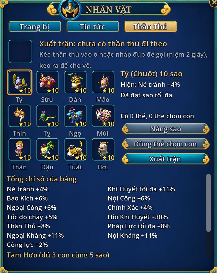 Bảng Thần Thú: ô Xuất trận, lưới 12 con giáp, nút Nâng sao, Dùng thẻ chọn con, Xuất trận và tổng chỉ số cộng thêm