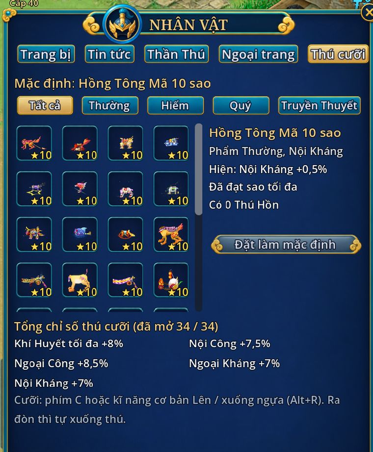 Tab Thú cưỡi: lưới thú đủ 10 sao và tổng chỉ số