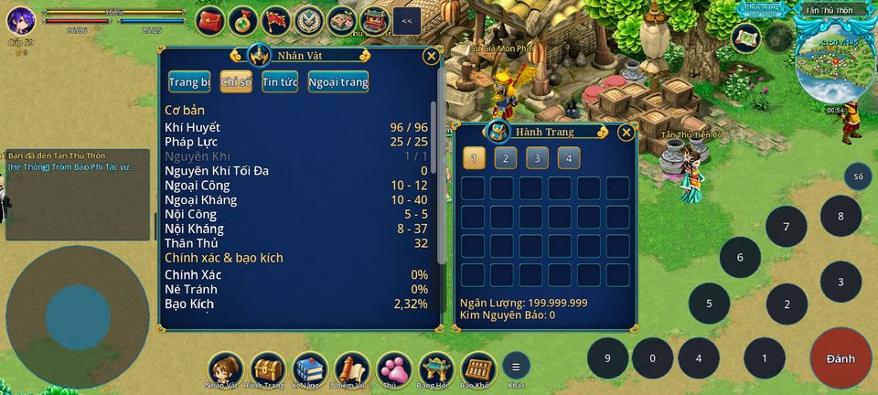 Điện thoại: bảng Nhân vật tab Chỉ số cạnh Hành Trang, không che joystick và nút Đánh