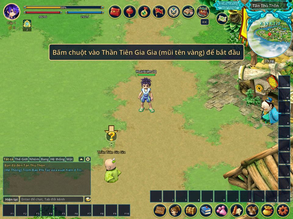 Người mới vào game: mũi tên vàng trên đầu Thần Tiên Gia Gia và hàng chữ hướng dẫn