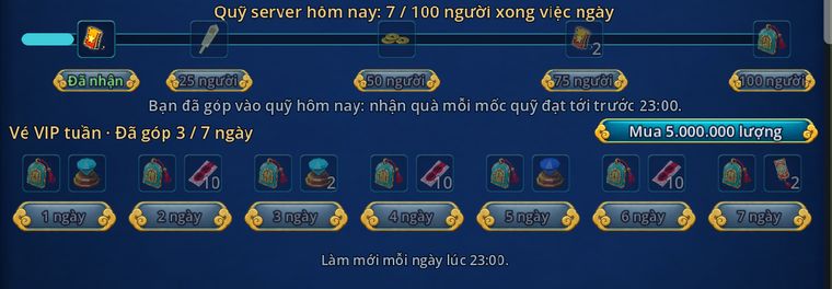 Bảng Hoạt động, tab Hôm nay: thanh quỹ server và hàng Vé VIP tuần với nút Mua 5.000.000 lượng, 7 mốc từ 1 tới 7 ngày kèm icon quà
