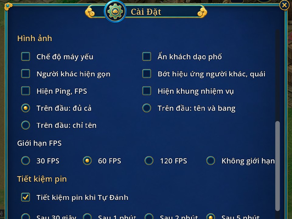 Bảng Cài Đặt mục Hình ảnh, hàng Giới hạn FPS với 30 FPS, 60 FPS đang chọn, 120 FPS, Không giới hạn
